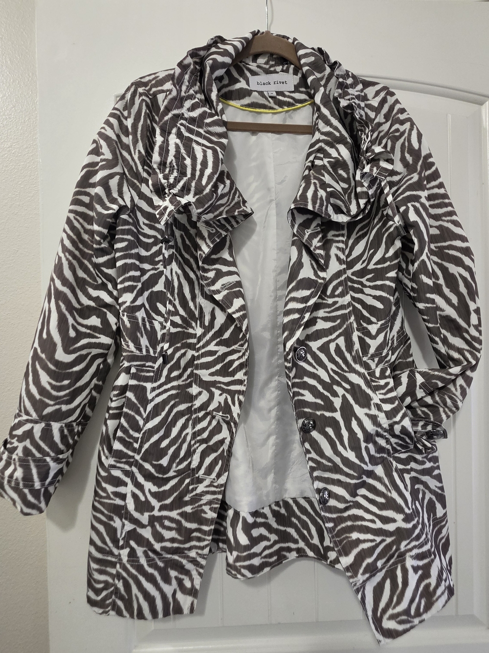 Black Rivet Zebra-Print Trench Coat / Rain Jacket Size Med